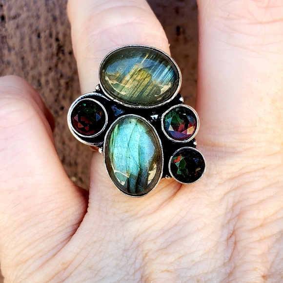New Labradorite & Bi-Color Tourmaline Silver Ring. - Picture 10 of 16